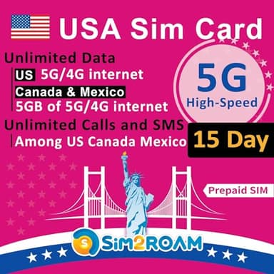 Carte SIM prépayée aux États-Unis|Données Internet 5G/4G illimitées aux États-Unis (Hawaï Inclus) + Données de 5 Go au Canada et au Mexique|Appels et SMS illimités Entre US, CA et MX (15 Jours)