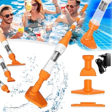 Aspirateur Piscine, 3 en 1 sans Fil avec Batterie Aspirateur à Main Piscine Aspirateur Sol Rechargeable Tige Télescopique 104,5-165cm 6W 1600Mah Aspirateur Piscine pour Petites Piscines Spas (Orange)