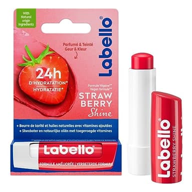 LABELLO Strawberry Shine (1 x 5,5 ml), Baume à lèvres enrichi en huiles naturelles et vitamines C & E, Soin des lèvres Hydratation longue durée pendant 24H