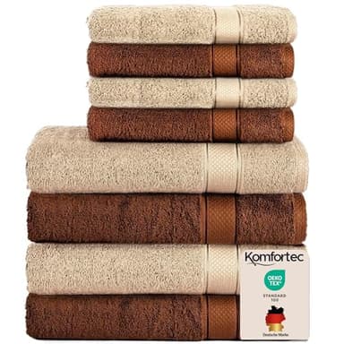 Komfortec Lot de 8 Serviettes 100% Coton 470 g/m², 4 Serviette de Bain 70x140 cm et 4 Essuie-Mains 50x100 cm, éponge Douce, Grande Taille, Marron/Beige
