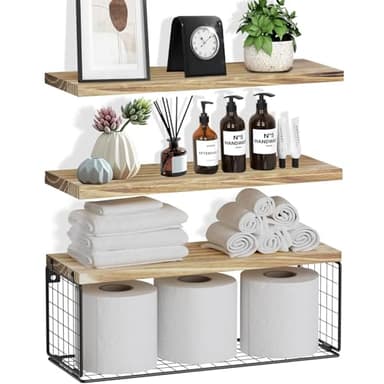 ZVZM Etagere Murale Bois, 3+1 Etagere Salle de Bain, Etagere Murale Cuisine, Étagère Murale, Etagères Murales avec Panier de Rangement en Fil métallique pour Salon/Bureau.