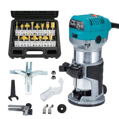 Affleureuse Défonceuse Trimmer Router Fraiseuse Électrique Outil à Bois 710W Pince 8mm 6.35mm + Coffret de 15 Fraises à défoncer Queue de 1/4" pour Travail du bois