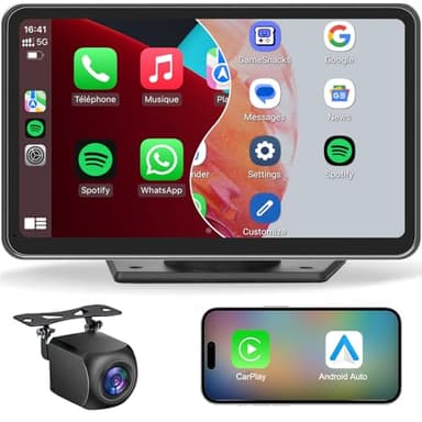 MRSXWPY CarPlay Voiture, Portable CarPlay & Android Auto sans Fil avec 1080P Caméra de Recul, 7" Écran Tactile avec Navigation, Assistant Vocal, Bluetooth Appels avec Mains Libres, FM, MirrorLink