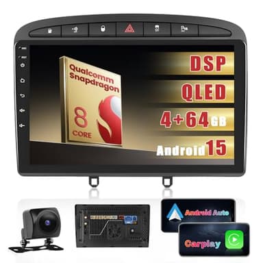 Inefala Autoradio pour Peugeot 308/408 2007-2015, 8Core 4G+64G Puce Qualcomm Snapdragon, Carplay sans Fil Android Auto, 9" Poste Radio Bluetooth avec GPS WiFi DSP RDS/FM Caméra de Recul Mic