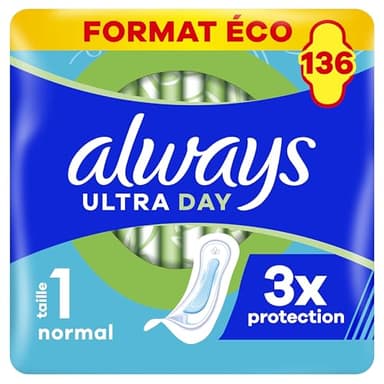 Always Ultra Serviettes Hygiéniques, Taille 1, Normal, 136 Serviettes Sans Ailettes, Flux légers Jour, Format Eco, Max Confort, Super Absorbantes et Ultra Fines
