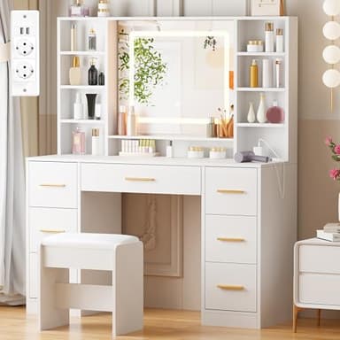 ANWBROAD Grande Coiffeuse avec Miroir et Tabouret Éclairage LED Réglable 3 Couleurs et Prises Blanche Moderne 7 Tiroirs 4 Étagères Rangement Ouvertes Coiffeuse 140x100x40cm BDT65W
