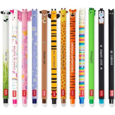 Legami Lot de 12 stylos gel effaçables avec encre effaçable thermosensible, gamme de couleurs différentes d'encre et dessins, pointe de 0,7 mm, design d'animaux