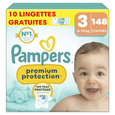 Pampers Premium Protection Taille 3, 148 Couches, 6-10kg, Double Protection Pour La Peau et Contre Les Fuites + 10 Lingettes Harmonie Aqua Gratuites