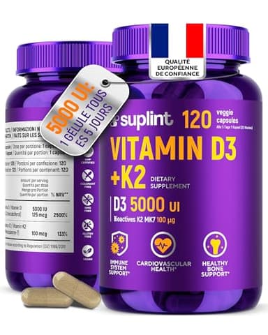 Vitamine D3 K2 Haute Dose – 5000 UI Vitamine D + 100 µg K2 MK-7 – 120 Gélules Véganes – Développé aux Pays-Bas – Certifié GMP & Testé en Laboratoire – Soutien Os, Dents & Immunité