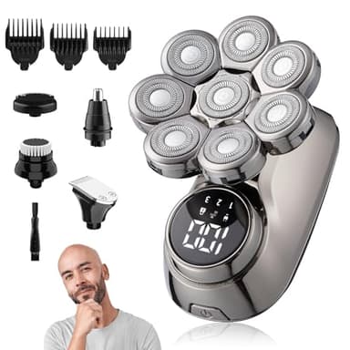Anluomania Rasoir Tete Chauve Homme, 8D Rasoir Electriques Hommes, 5 en 1 tondeuse Crane Chauve Humide/Sec Étanche, Tondeuse Cheveux Homme, 8 têtes Flexibles, écran LED Tondeuse à nez et Brosse Visage