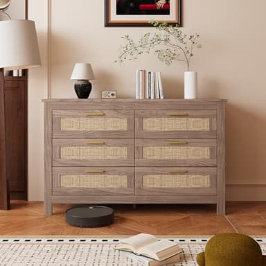 Ztexkee Commode Chambre 6 Tiroirs, 120 x 40 x 75cm, Armoire de Rangement Chambre, Meuble de Rangement pour Salon et Entrée Couloir Style bohème en Osier Bois Naturel