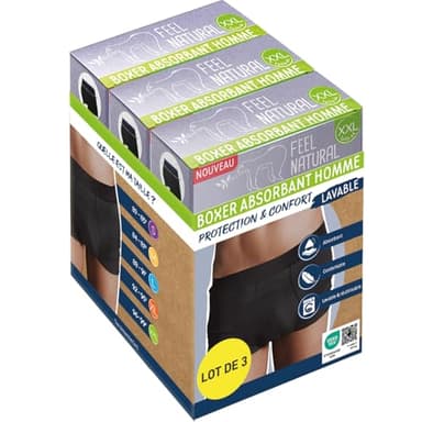 Pack 3 Boxer Anti Fuite Homme Protection et Confort Lavable - Taille XXL - Protection Urinaire Homme - Boxer Absorbant Confortable et Discret - Conçu pour Les Fuites Urinaires Adultes - Feel Natural