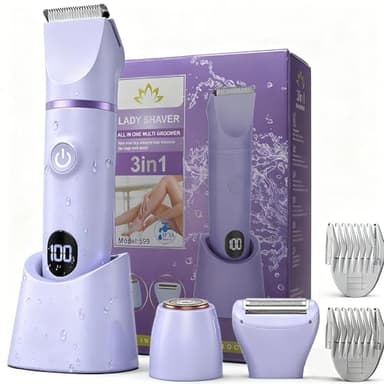 XkuiHF 3 in 1 Rasoir Electrique Femme, Tondeuse Intime, IPX7 Étanche Rasoir Femme, utilisation humide et sèche pour le visage, les aisselles, les jambes (Violet)