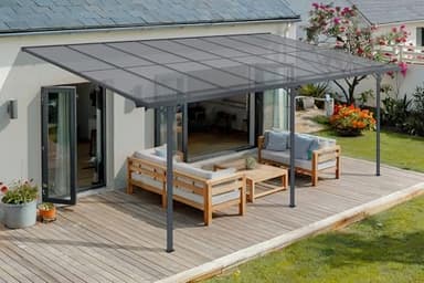 Cazeboo Carport Abri Voiture Toit Terrasse KLEO – 15 m² 5x3 m Aluminium Gris Anthracite Polycarbonate Anti-UV – Pergola adossée Robuste Anti-Rouille – Protection Pluie Neige Soleil – 495 x 300 cm