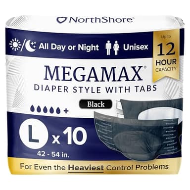 NorthShore MegaMax Couches de nuit pour adultes, style languette 12 heures, grand, sac de 10 pièces, noir, 42 à 54 pouces, sous-vêtements unisexes pour incontinence