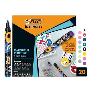 BIC Intensity Paint Lot de 20 marqueurs peinture à pointe moyenne - Marqueur Peinture à base d’eau - Feutre acrylique - Surfaces : Papier, Textile, Verre, Galet, Bois - Couleurs classiques et pastel