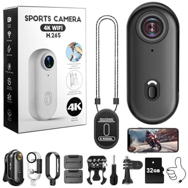 Nisanmoon Caméra d'action WiFi 4K, Mini Caméra d'action Sportive 170°, Caméra pour Casque de Moto, Caméra Vidéo Portable Étanche 32 Go avec Aimant pour Le Cyclisme et la Pêche