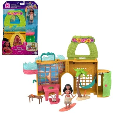 Mattel Disney Vaiana Histoires à empiler Coffret de maison de poupée avec une petite poupée Vaiana, 1 ami animal et 9 accessoires, inspiré du film Disney