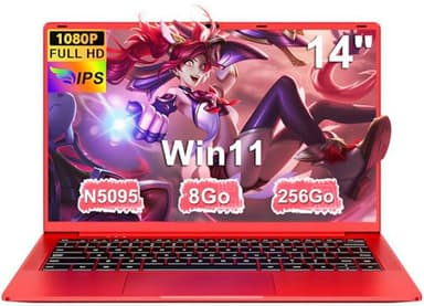 Ordinateur Portable 14 Pouces Celeron N5095 Jusqu’à 2.9 GHz Win11 PC Portable 8Go RAM 256Go SSD Extension1To Laptop avec Souris sans Fil qwerty Clavier avec AZERTY Membrane du Clavie - Rouge Métal-1