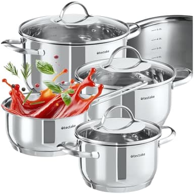 tectake® Set de casserole Inox Batterie de cuisine inox Casseroles & couvercle casserole 7 pcs. idéal Induction cuisinère gaz & vitrocéramique Batteries de cuisine Cuisine accessoires Faitout inox