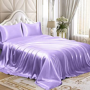 Homiest Parure de lit 4 pièces en Satin Soyeux avec Poche Profonde, 1 Drap-Housse + 1 Drap Plat + 2 taies d'oreiller (très Grand lit, Lavande)