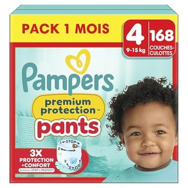 Pampers Premium Protection Pants, Taille 4, 168 Couches-Culottes, 9-15kg, Notre Meilleur Confort & Protection, Maintien 360° Contre Les Fuites et Matières Ultra-Douces, Pack 1 Mois