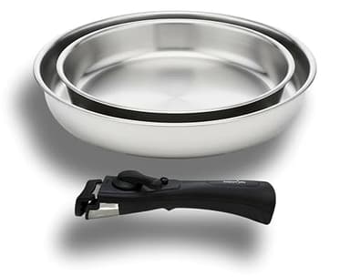 Cflagrant Set de 2 Poêles Inox 18/10 - Manche Amovible – Sans PFAS, Sans PTFE, Sans PFOA – Compatible Induction, Four & Lave-Vaisselle – Poêles Empilables – Cuisine Saine (24/28cm)