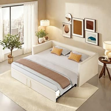 Lietre Canapé lit Convertible 2 Places 90/180 x 200cm, Cadre de Canape Lit 2 Places Convertible avec sommier à Lattes, Extensible, Velours(sans Matelas) (Beige)