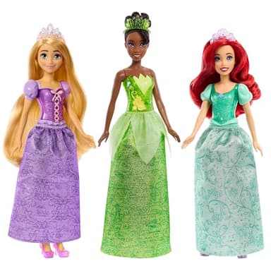 Mattel Princesses Disney - Tiana + Rapunzel + Ariel - Coffret 3 princesses avec habillage scintillant et accessoires, avec deux décors à double face à colorier et assembler, Dès 3 ans, HLW45