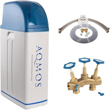 AQMOS Wasseraufbereitung adoucisseur d'eau avec kit de raccordement 1" et bloc de montage 1" | Adoucisseur d'eau pour les familles jusqu'à 5 personnes (avec bloc de montage)(R2D2-48)