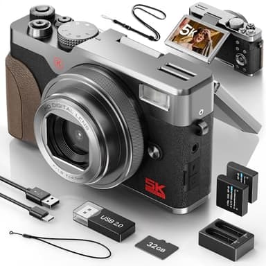 NBD Appareil Photo Numérique 5K 64MP avec Autofocus, Zoom Numérique 18x, Écran IPS 3" Orientable 180°, Design Rétro Élégant, Carte 64GB + 2 Batteries (Argenté)