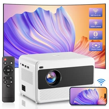 Videoprojecteur, Projecteur Video 1080P avec 16000 Lumen, Retroprojecteur Bluetooth 2.4G y 5G WiFi de Doble Banda, Projecteur avec Zoom électrique pour Téléphones Mobiles, Ordinateurs, USB et HDMI