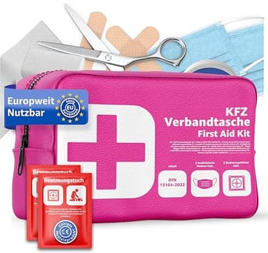 Trousse de premiers secours automobile norme 2026 avec chiffons respiratoires – trousse de secours voiture – DIN13164:2022 – kit de premiers secours – trousse médicale (rose)