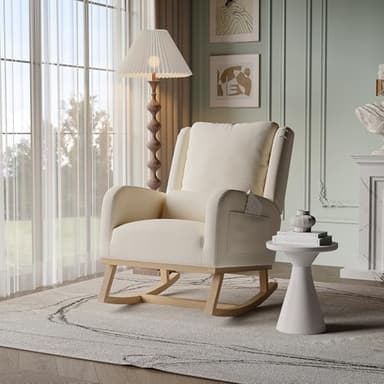 BRILVERDE Fauteuil à bascule scandinave avec poches latérales et base en bois massif, pour salon, balcon ou salle de lecture et de relaxation, beige, lin et éponge, ergonomique et accoudoirs