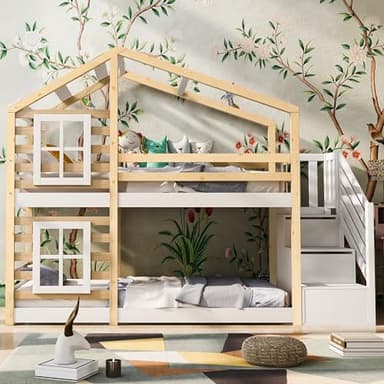 Dolamaní Lit mezzanine 90 x 200 cm avec escalier, lit superposé avec tiroir et protection anti-chute, individuel pour enfants, 2 sommiers, couleur naturelle et blanche