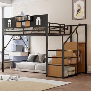 Merax Lit Mezzanine en métal 140x200 cm, avec échelle de Rangement, fenêtre, étagère intégrée, Design Unique avec clôture Haute, Cadre métallique Robuste, Noir (sans Matelas)