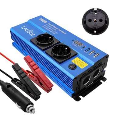 LncBoc Inverter 12v 220v 1000W Inverter Trasformatore Caricatore per Auto + 2 Presa di Alimentazione Standard Europen + 4 Porte di Ricarica (1 x Chargeur Rapide QC3.0,1 x PD, 2 USB Porte 2.4A)
