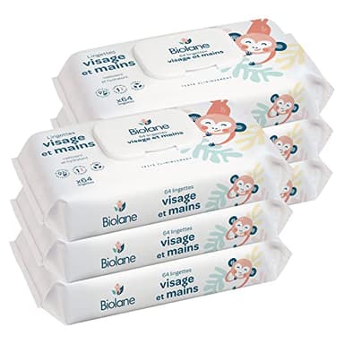 BIOLANE - Lingettes bébé visage et mains - Lot de 6 paquets - 384 Lingettes (6x64) - Nettoie et protège - Toilette - Peaux Sensibles - 97% d'ingrédients naturels
