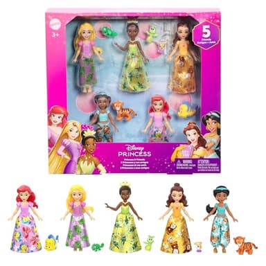 Princesses Disney Les Princesses et leurs Amis Coffret de 5 mini-poupées articulées avec jupe ou pantalon amovible et 5 figurines d’amis, inspiré des films Disney, JBL33