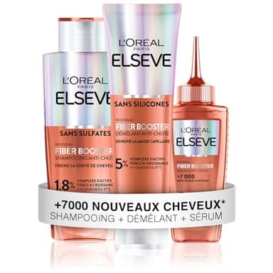 L’OREAL PARIS – Elseve Fiber Booster – Protocole Anti-Chute Cheveux - Stimule la Pousse* – Augmente la Densité Capillaire – Hommes & Femmes - Shampooing Sans Sulfates + Démêlant Sans Silicones + Sérum
