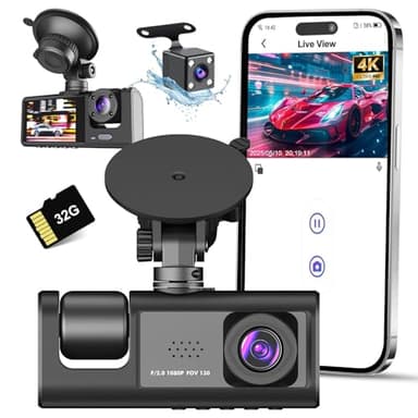 Dashcam Voiture Avant Arrière, Wi-FI Caméra Embarquée avec Carte SD 32G, Camera Voiture à 3 canaux Grand Angle 170°, Vision Nocturne,WDR,G-Capteur,Mode Stationnement 24H,Enregistrement en Boucle