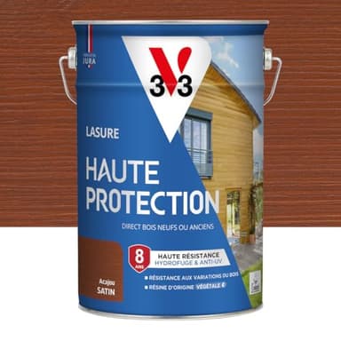 V33 Lasure Bois extérieur Acajou satin - Haute Protection 8 ans - Haute résistance hydrofuge et anti-UV - Résiste aux variations du bois - Ecolabel, résine d'origine végétale - 5L