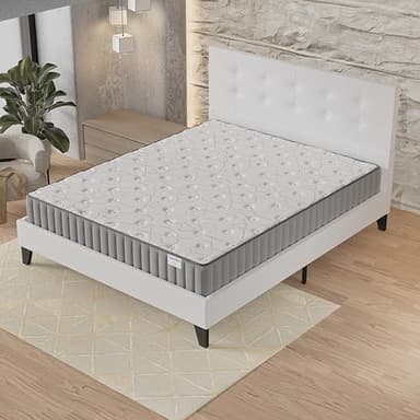 NOVEMBER- Ensemble Matelas + Sommier & tête de lit capitonnée (160 x 200cm)- Matelas Orionis Mousse Mémoire de Forme d’épaisseur 16cm + Lit Stable & Robuste, revêtement synthétique Blanc