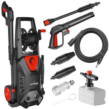 Lehmann Nettoyeur Haute Pression avec Pompe en Aluminium 220 Bars | Débit de 450 l/h | Puissance de 1800 W | Tuyau Haute Pression de 5 mètres | Compact avec réservoir à détergent
