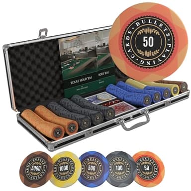 Bullets Playing Cards | Mallette de Poker 500 Jetons Clay 12g – Coffret Complet avec Cartes, dés et Bouton Dealer en céramique – Design Adriana
