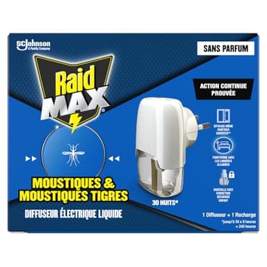 Raid Max Diffuseur Électrique Liquide - Anti-Moustiques et Moustiques Tigres 30 Nuits - Protection Continue & Nuits Sereines - Sans Parfum - 1 Diffuseur + 1 Recharge
