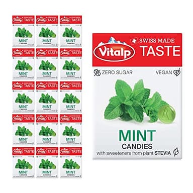 Vitalp Goût, fabriqué en Suisse, bonbons sans sucre avec stévia, végétalien, saveur menthe, paquets de 25 g, 16 boîtes