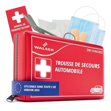 WALSER Trousse de secours automobile 2025, trousse de secours voiture, kit d'urgence voiture, trousse de premiers secours DIN 13164:2022, rouge 44283