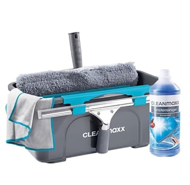 CLEANmaxx Kit de nettoyage professionnel pour vitres 13 pièces | Kit de nettoyage professionnel pour vitres avec raclette – Pour la maison, la voiture, etc. | Avec raclette pour vitres, seau