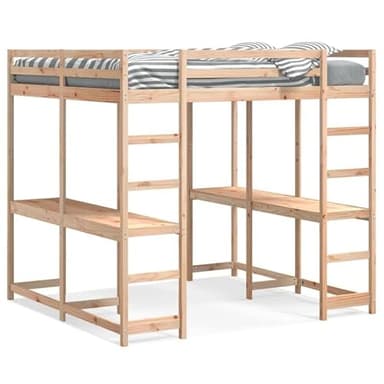 Lit mezzanine, avec bureau et échelle, en pin massif, 160 x 200 cm, peu encombrant, avec espace de travail pour petits espaces, durable et naturel